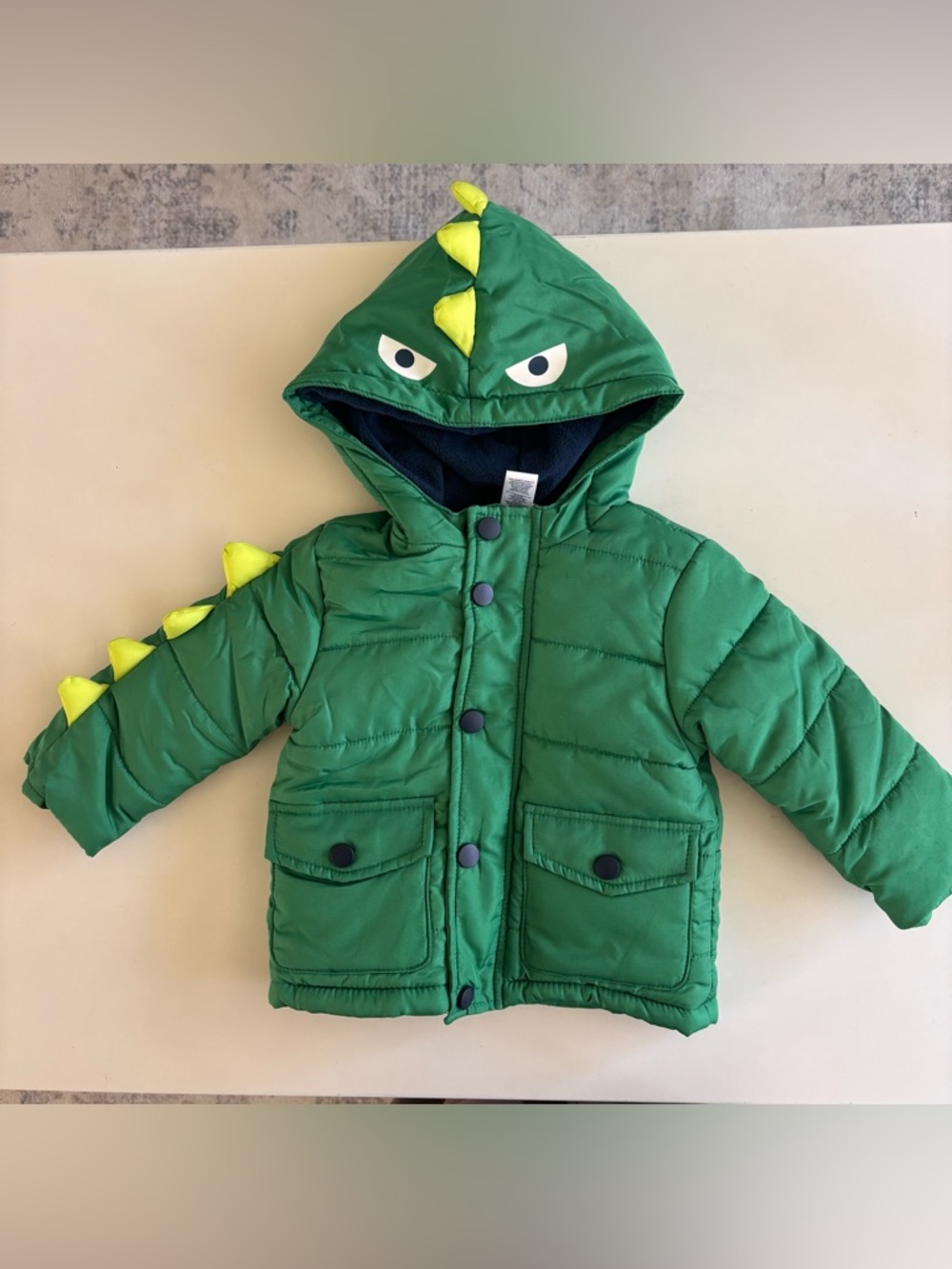 Little Me Green Dino Hooded Puffer Jacket with Yellow Spikes